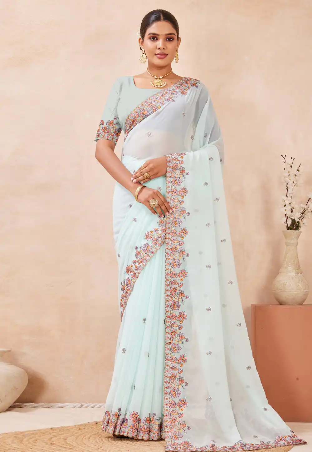 White Georgette Saree With Blouse 320018
