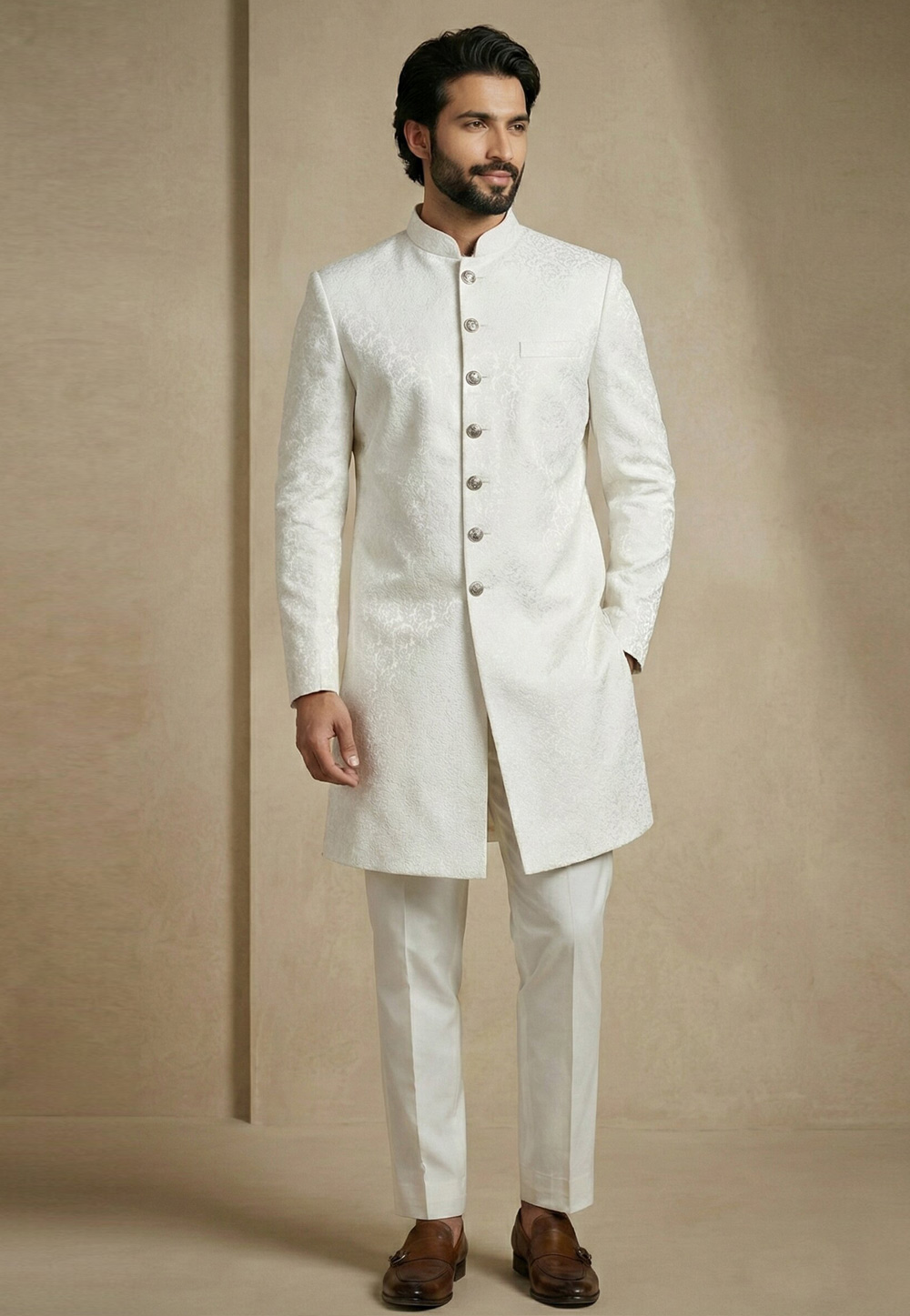 White Jacquard Indo Western Suit 325157