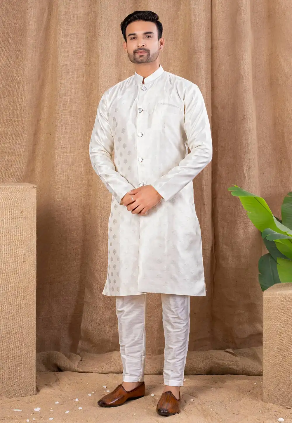 White Jacquard Indo Western Suit 316476