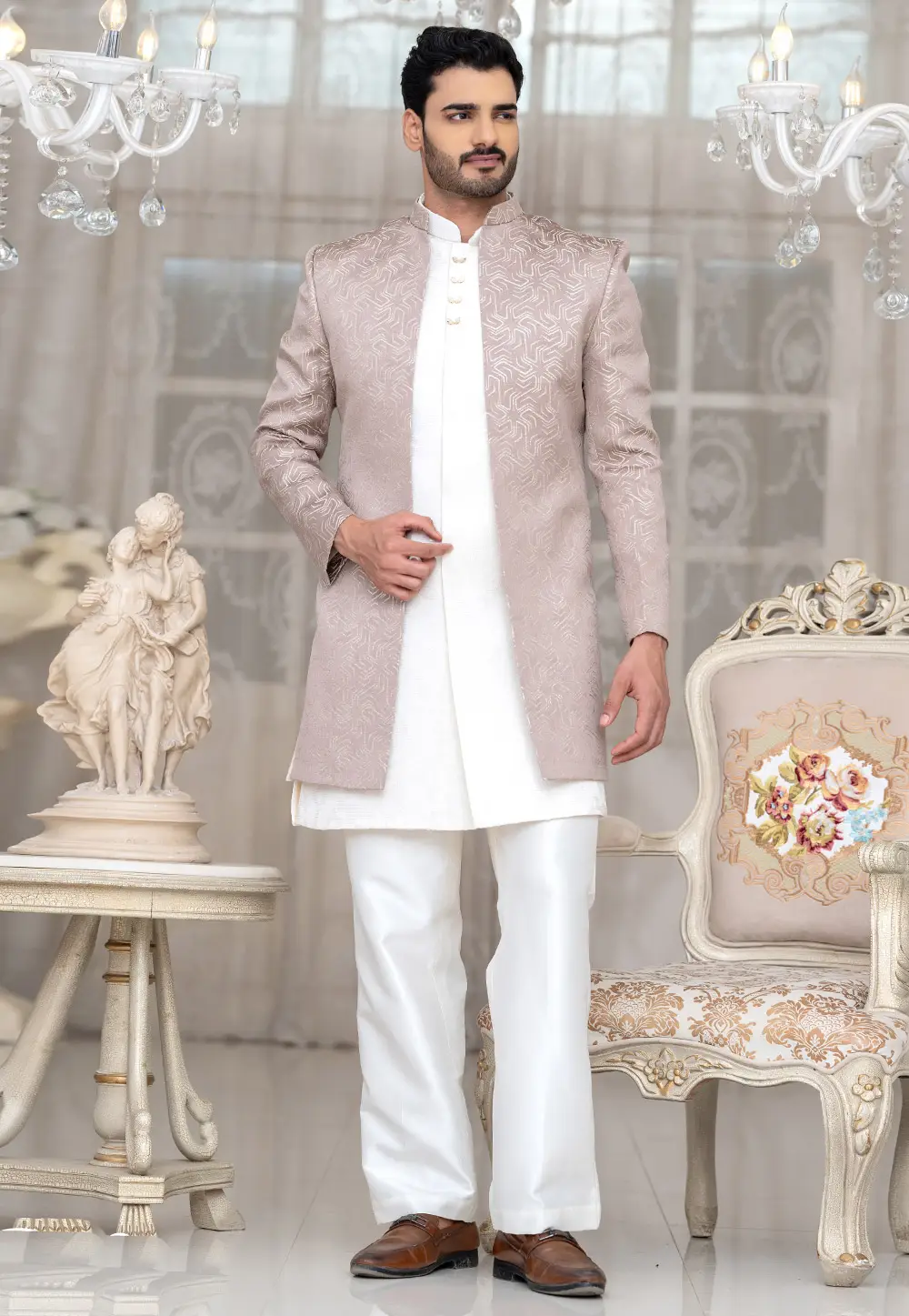White Jacquard Indo Western Suit 336536