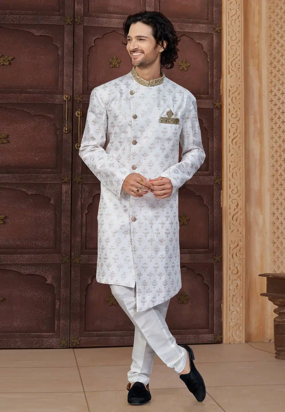 White Jacquard Indo Western Suit 317888