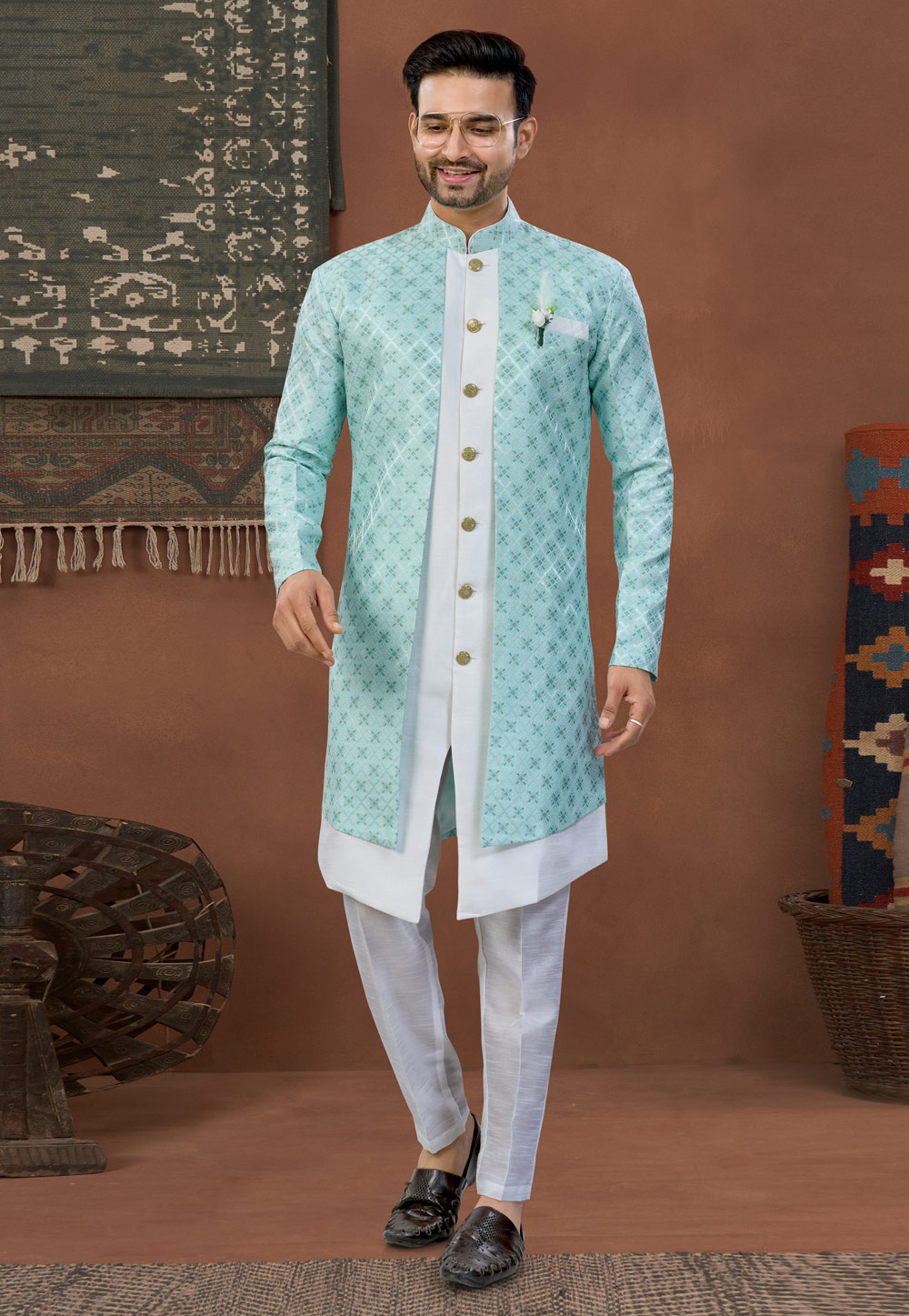 White Jacquard Indo Western Suit 324621