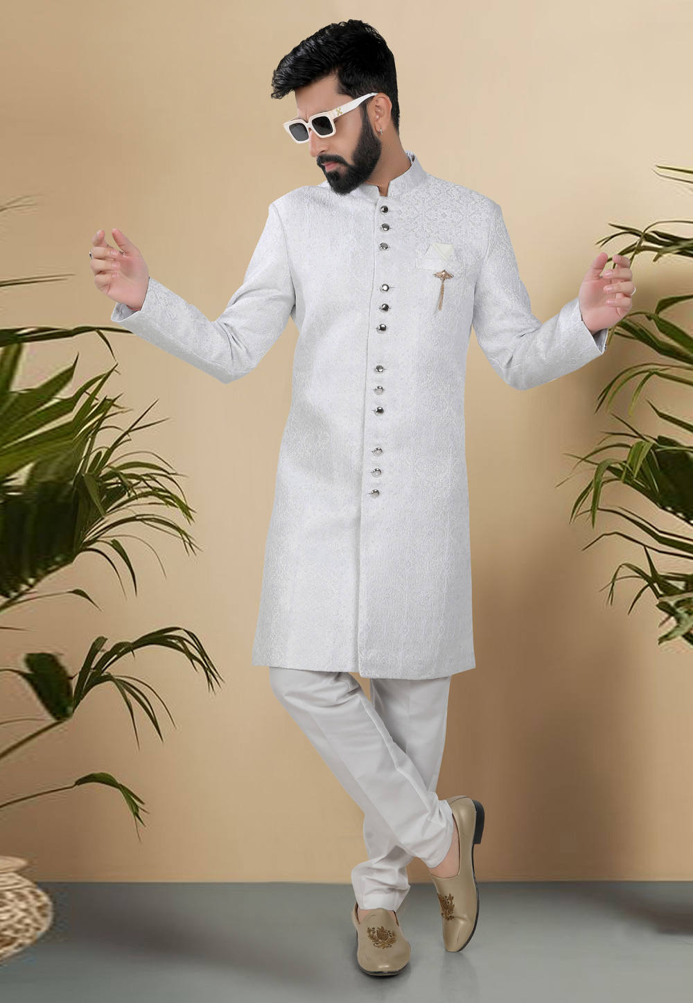 White Jacquard Indo Western Suit 313077