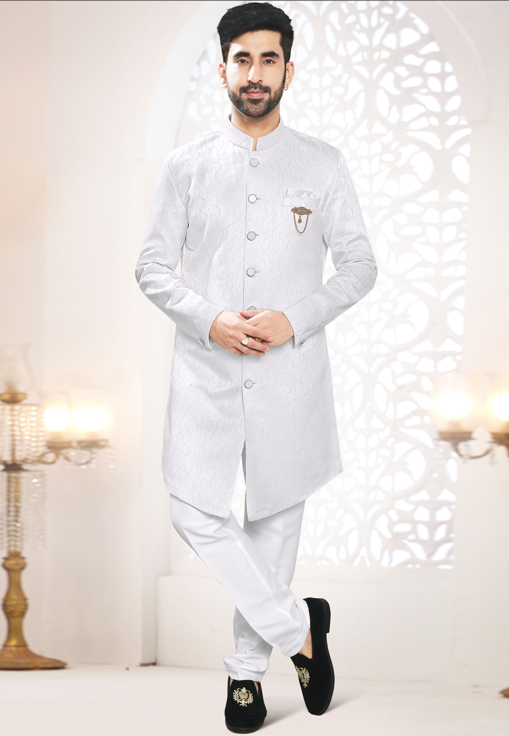 White Jacquard Indo Western Suit 306418