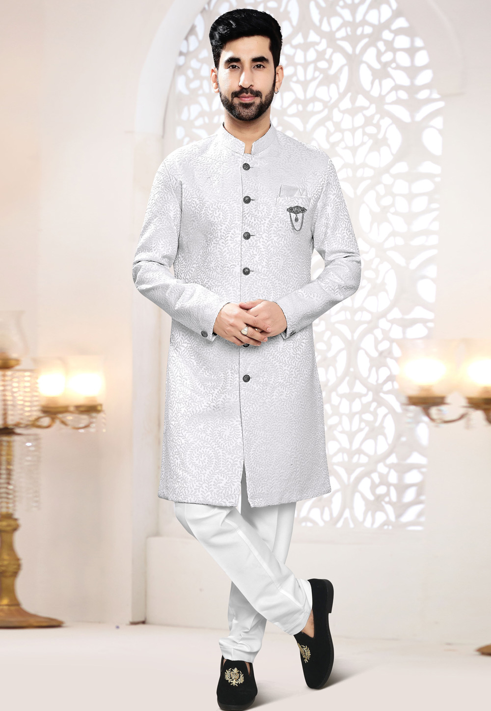 White Jacquard Indo Western Suit 306465