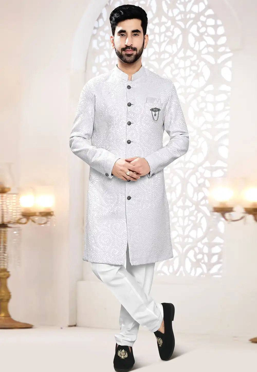 White Jacquard Indo Western Suit 306465