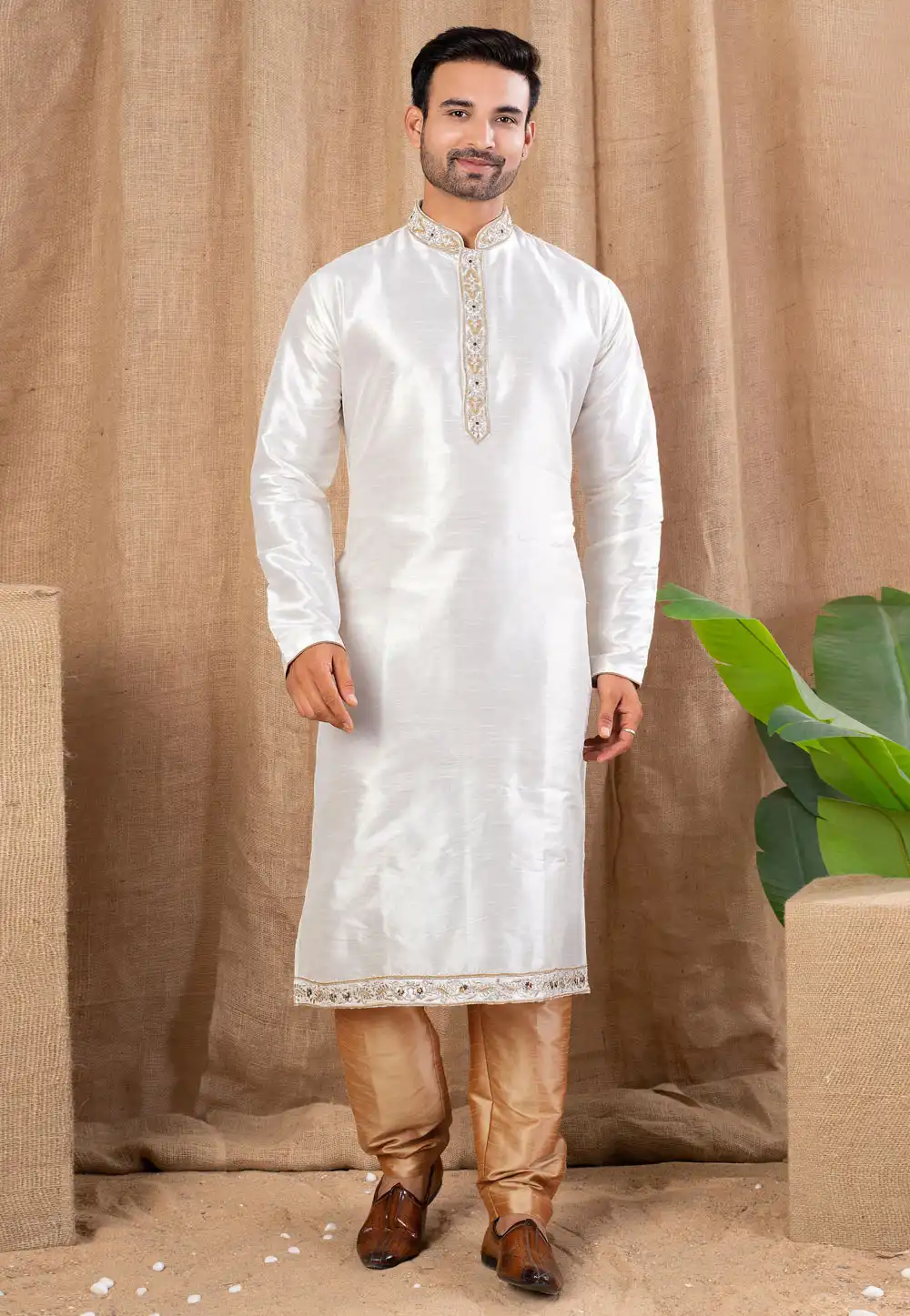 White Jacquard Kurta Pajama 316431