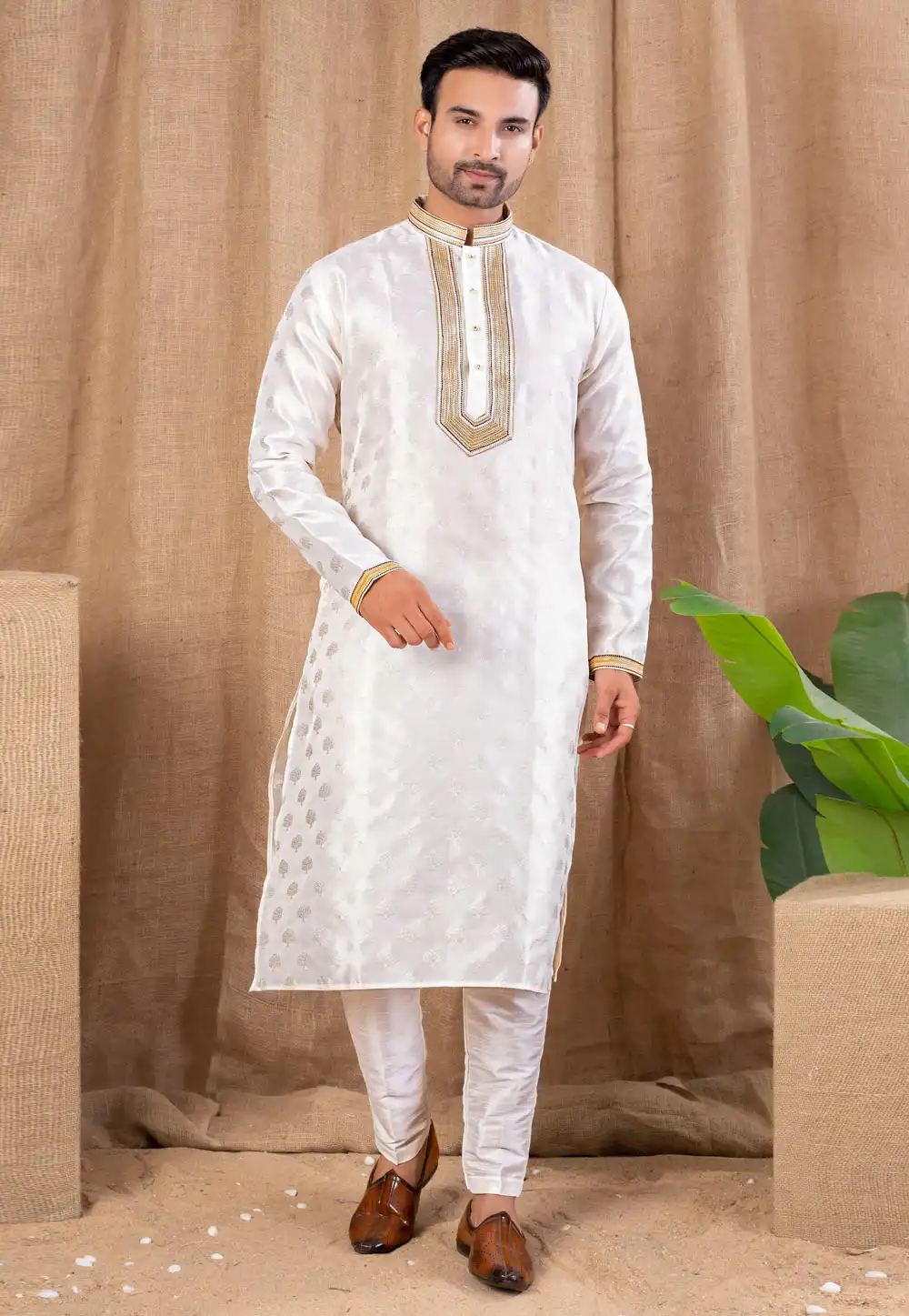 White Jacquard Kurta Pajama 316444