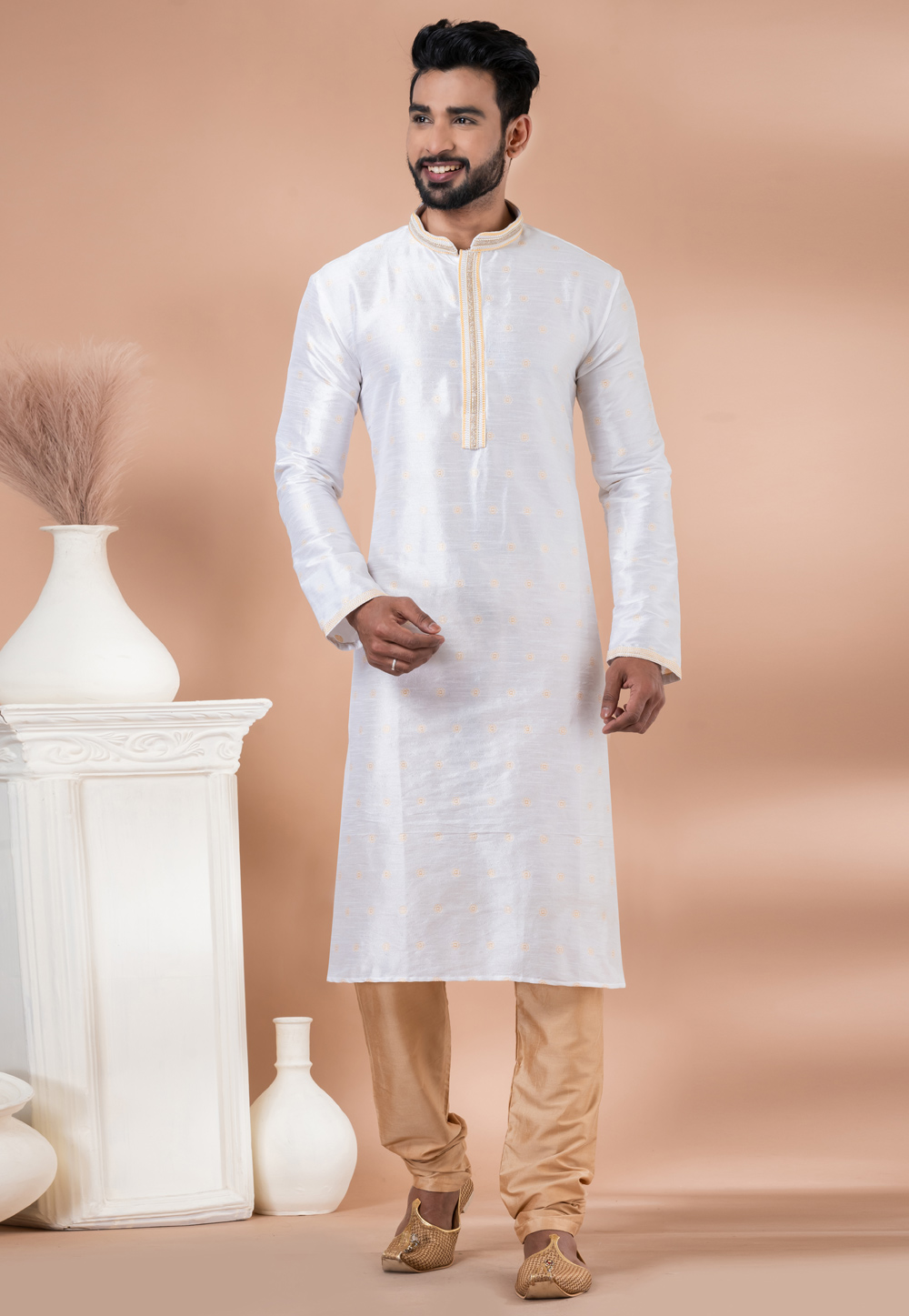 White Jacquard Kurta Pajama 282573