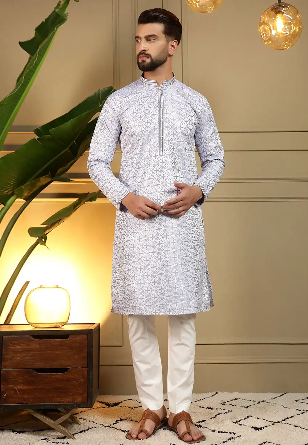 White Jacquard Kurta Pajama 322101