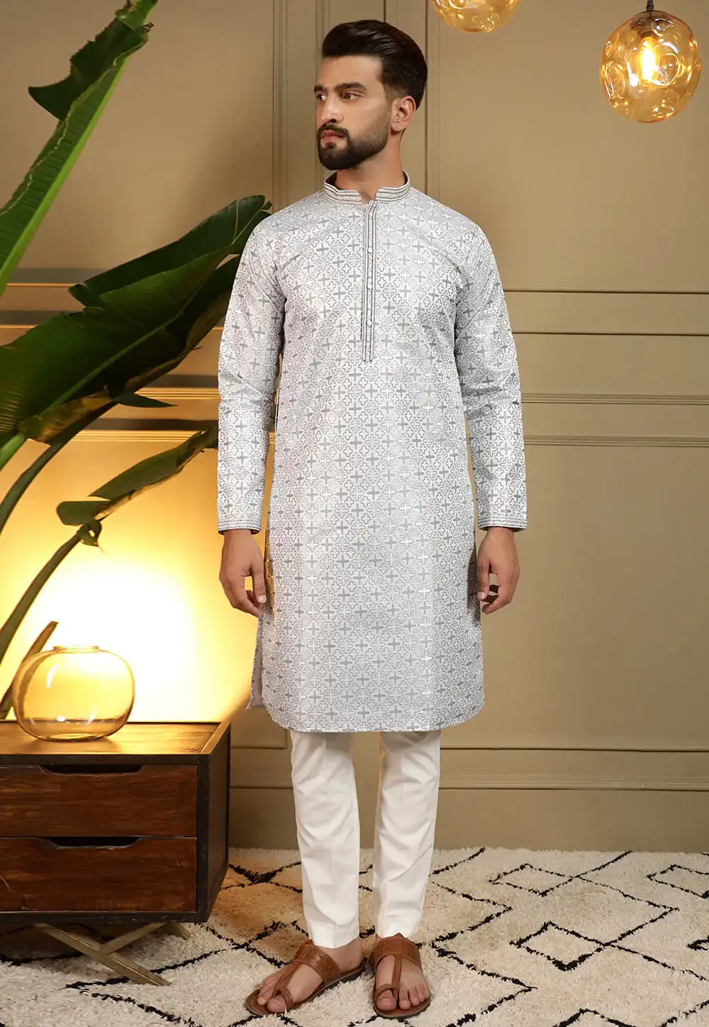 White Jacquard Kurta Pajama 322103