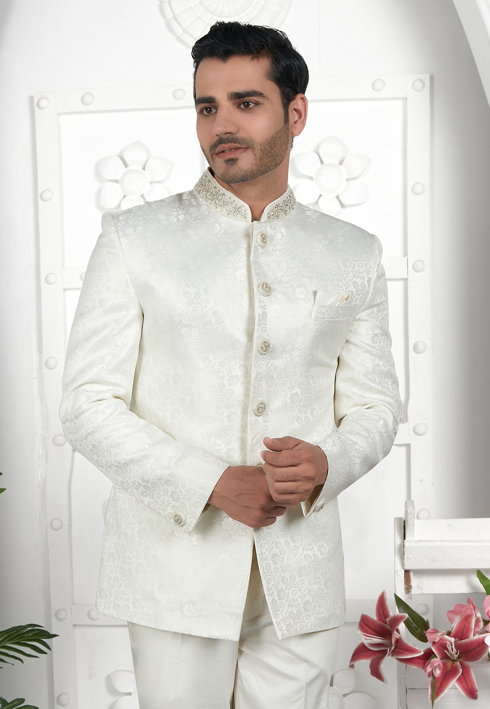 White Jacquard Silk Jodhpuri Jacket 280368