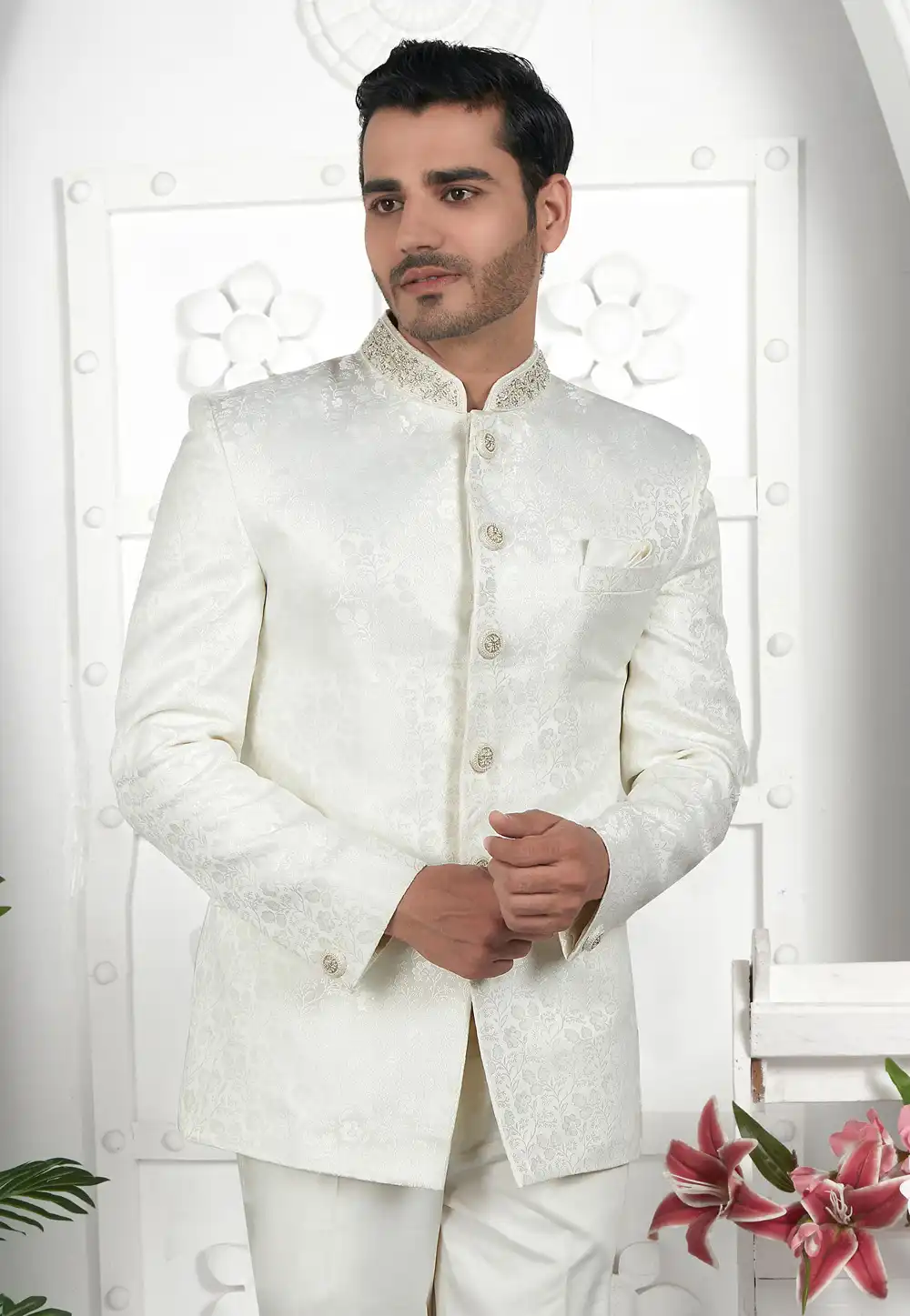 White Jacquard Silk Jodhpuri Jacket 280368