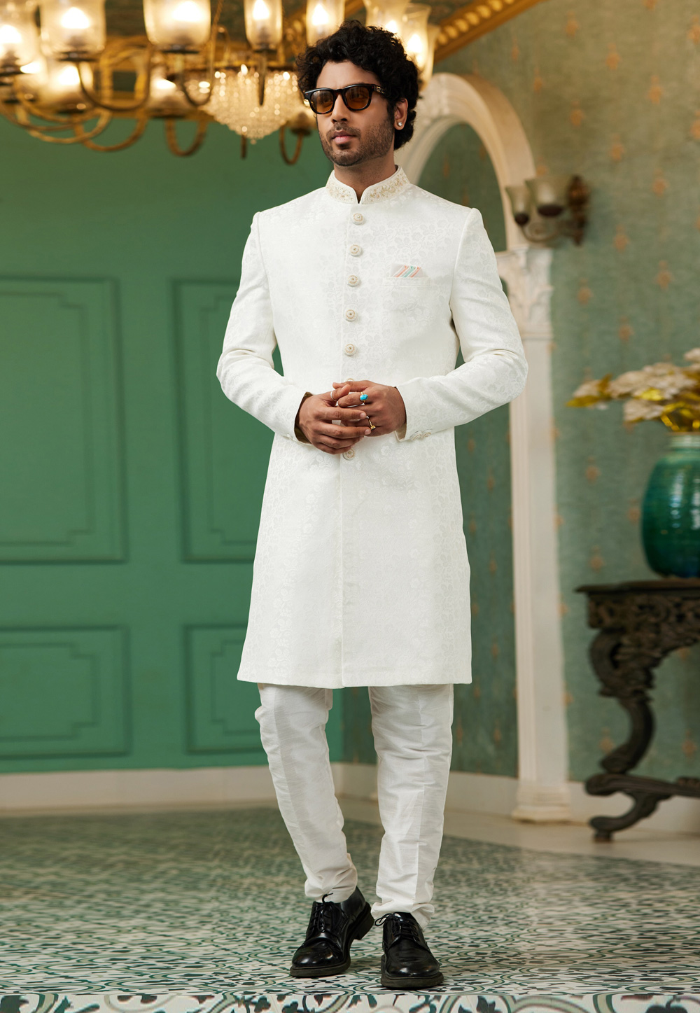 White Jacquard Silk Pakistani Sherwani 278298
