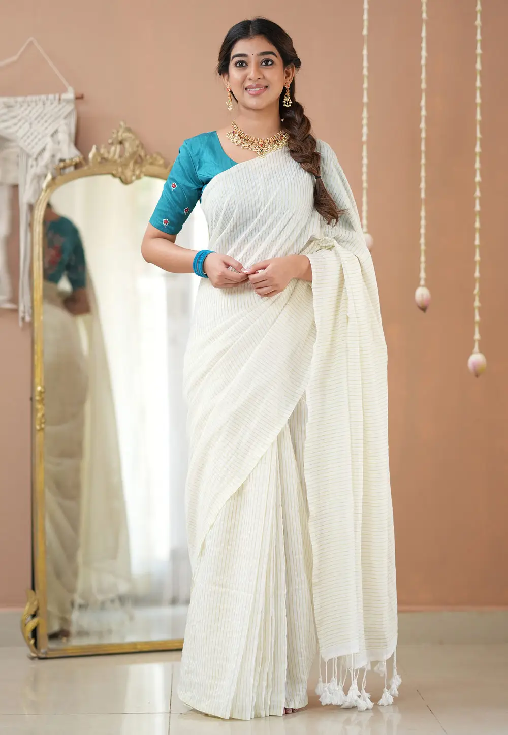 White Khadi Saree With Blouse 332708