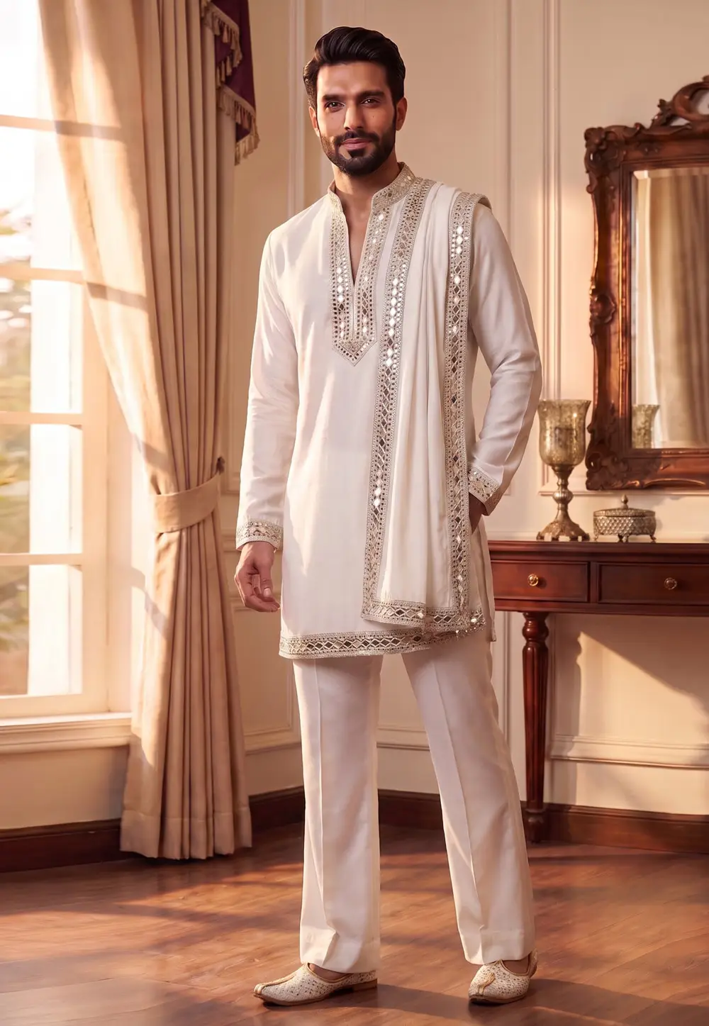 White Lachka Kurta Pajama With Stole 335881