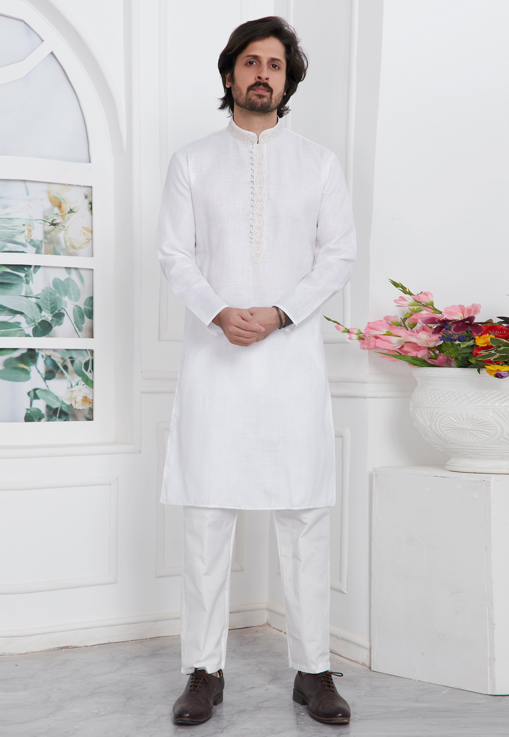 White Linen Kurta Pajama 283357