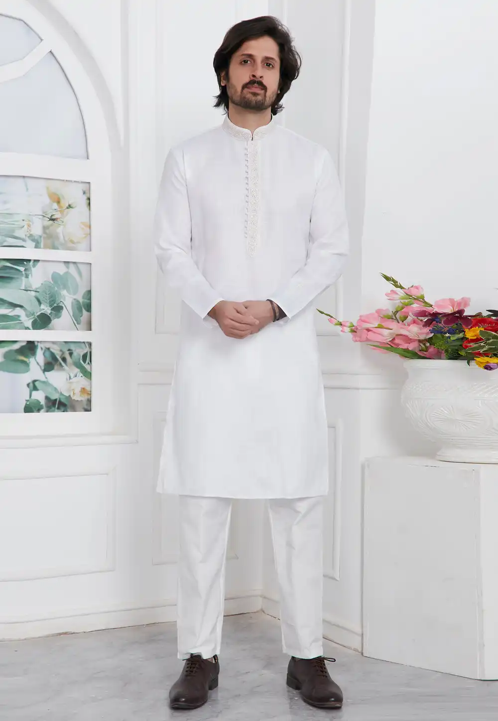 White Linen Kurta Pajama 283357
