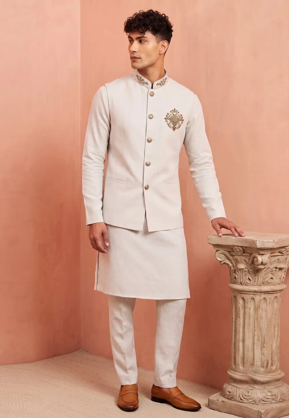 White Linen Kurta Pajama With Jacket 333753