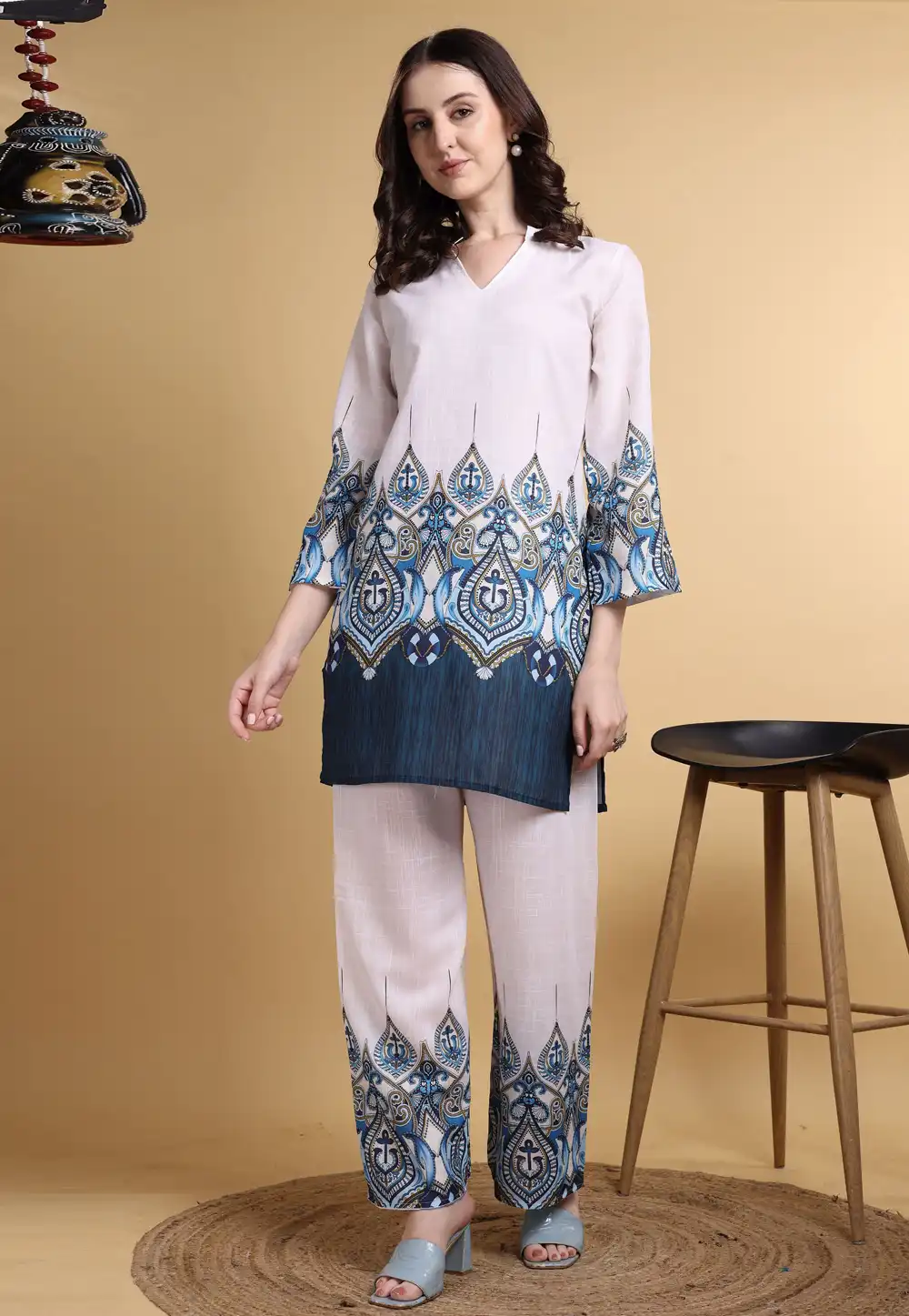 White Linen Printed Co-Ords Set 330602