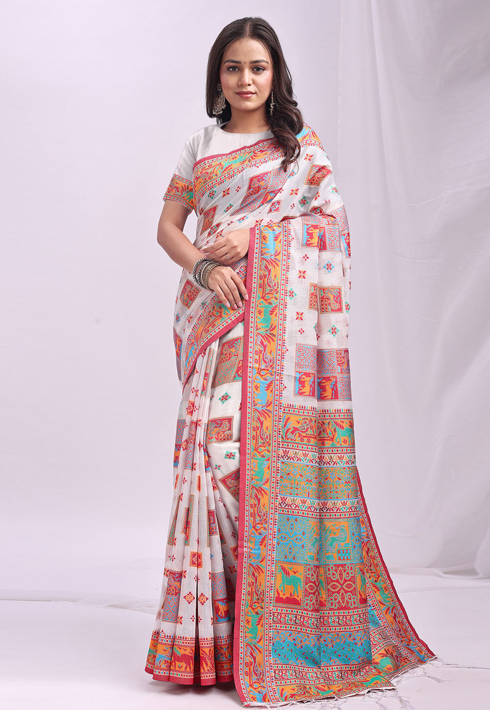 White Linen Saree With Blouse 312304