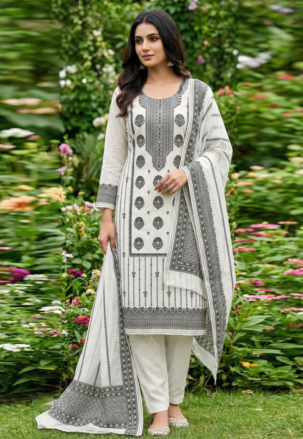 White Muslin Pakistani Suit 321556
