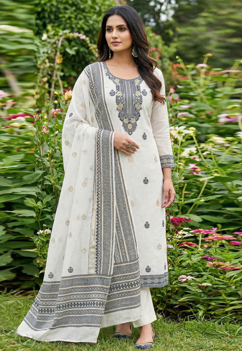 White Muslin Straight Suit 321558