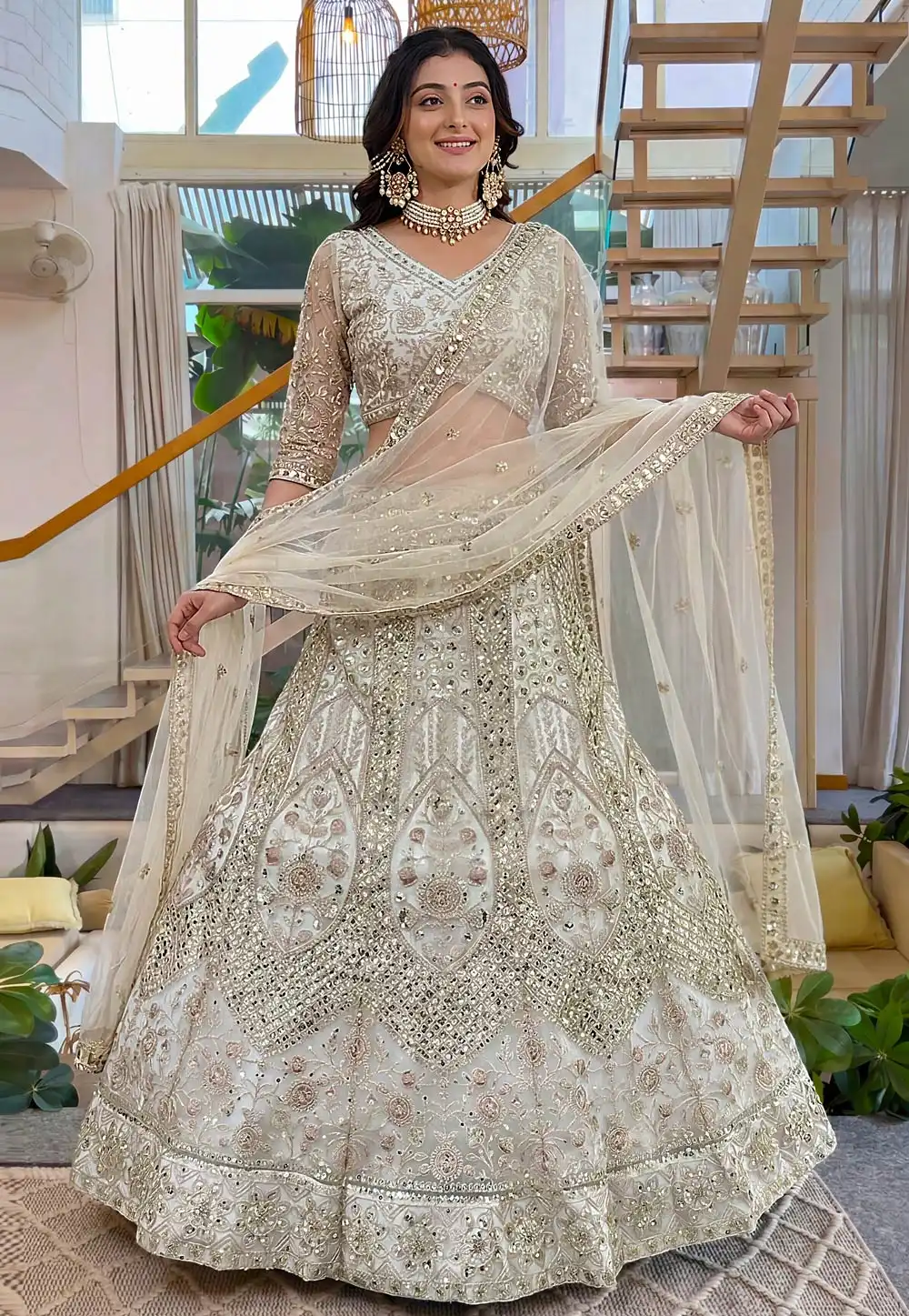 White Net A Line Lehenga Choli 327686