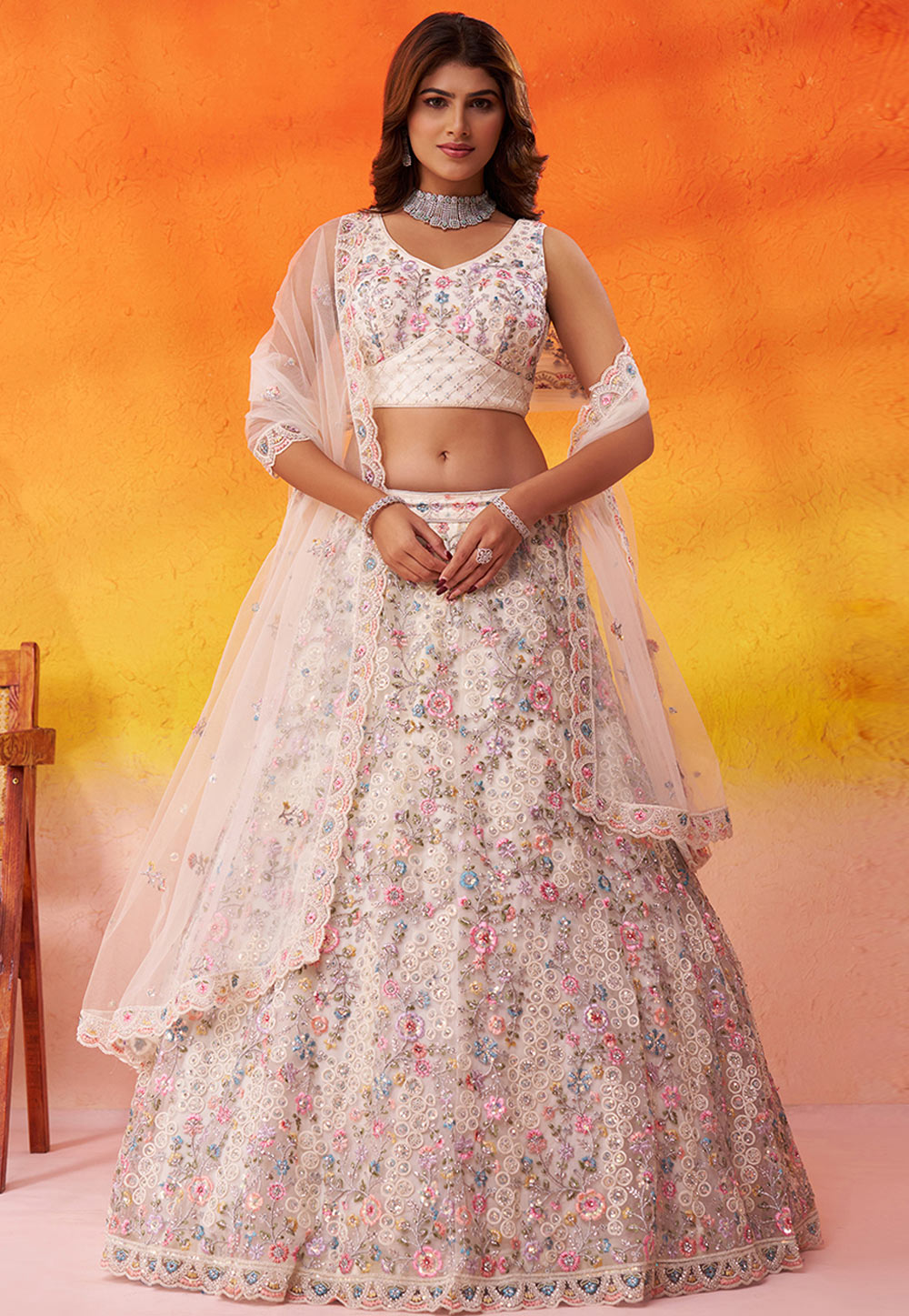 White Net Circular Lehenga Choli 320985