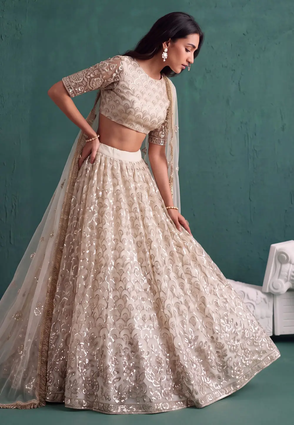 White Net Circular Lehenga Choli 335848