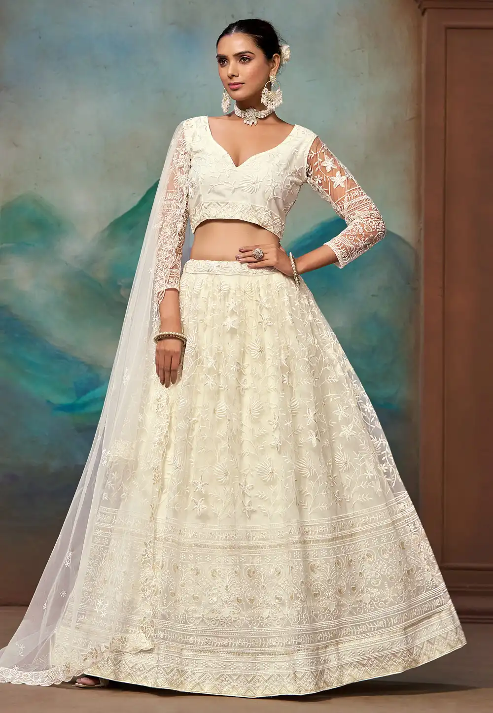 White Net Circular Lehenga Choli 329189