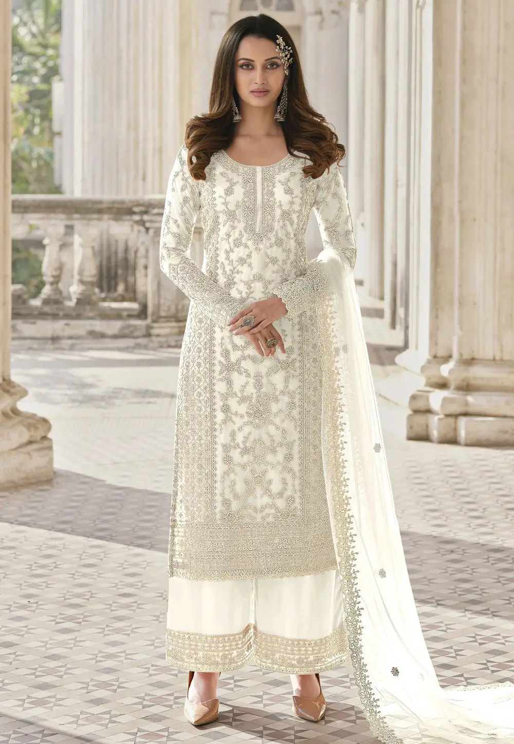 White Net Embroidered Palazzo Suit 334488