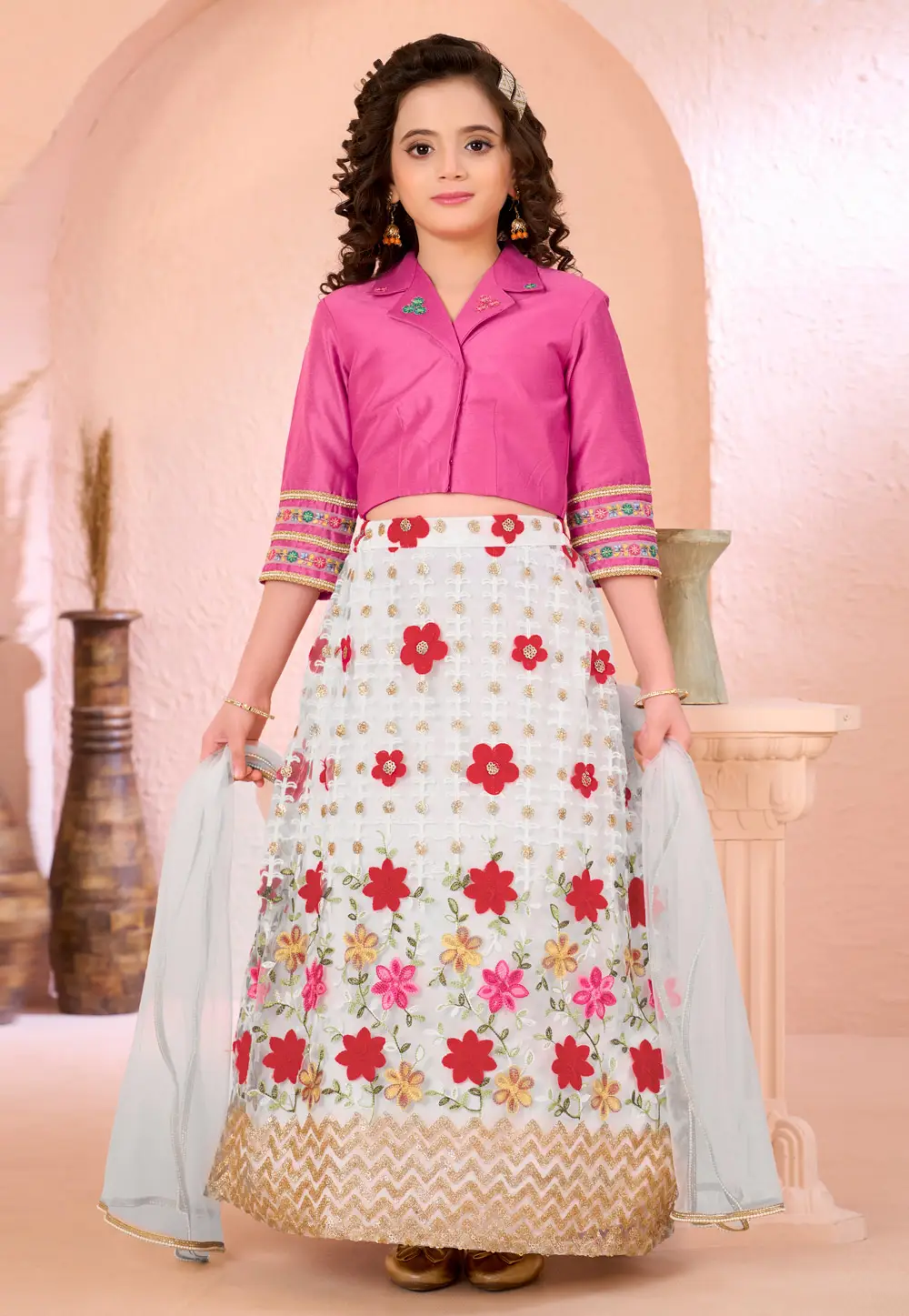 White Net Kids Lehenga Choli 334335