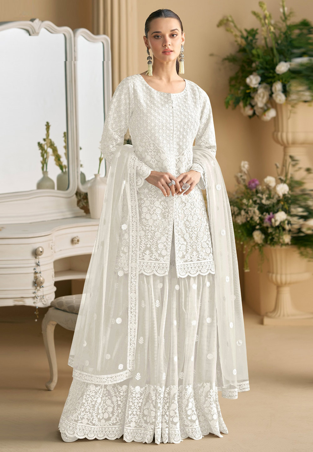 White Net Readymade Sharara Suit 318387