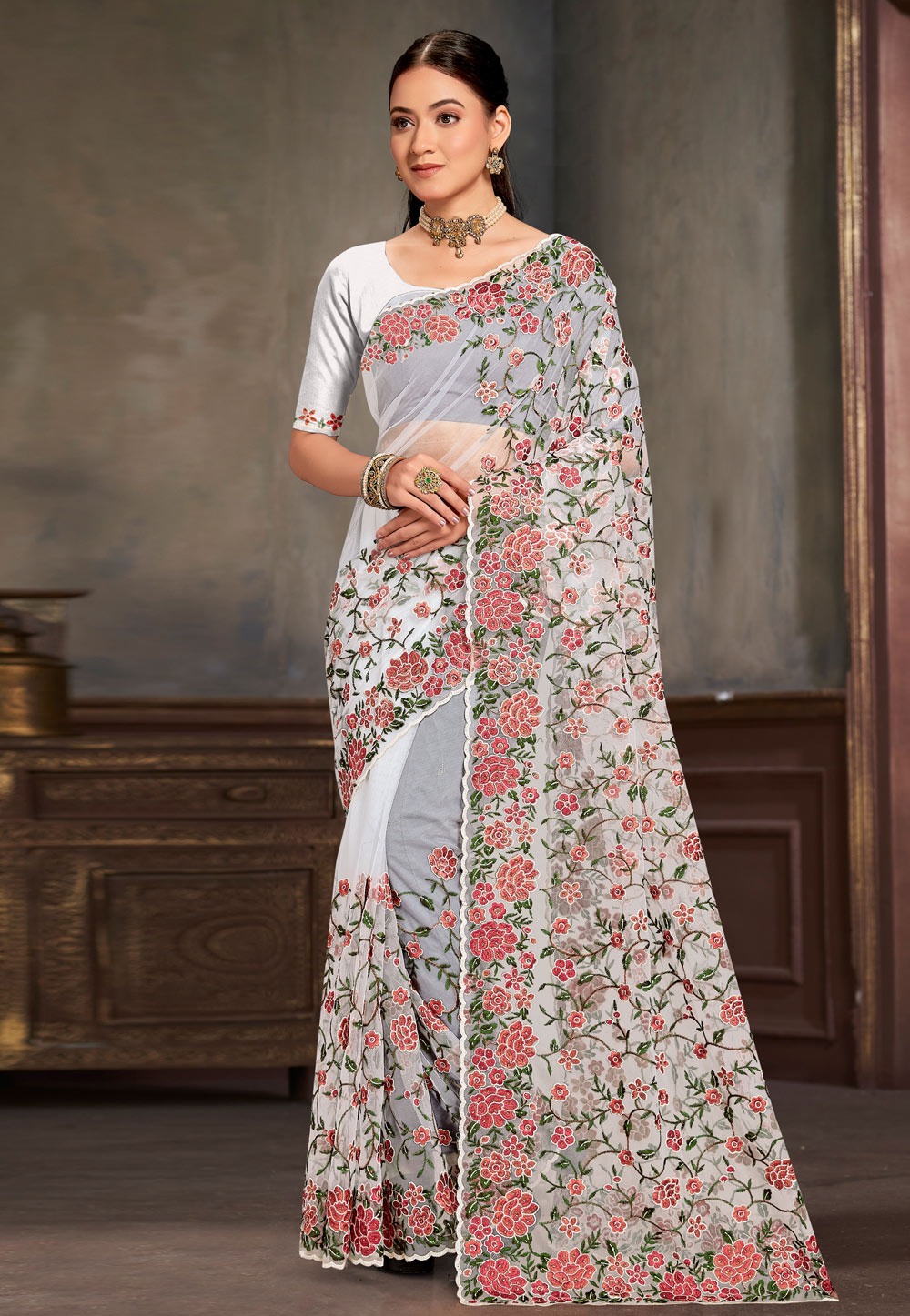 White Net Saree With Blouse 306759