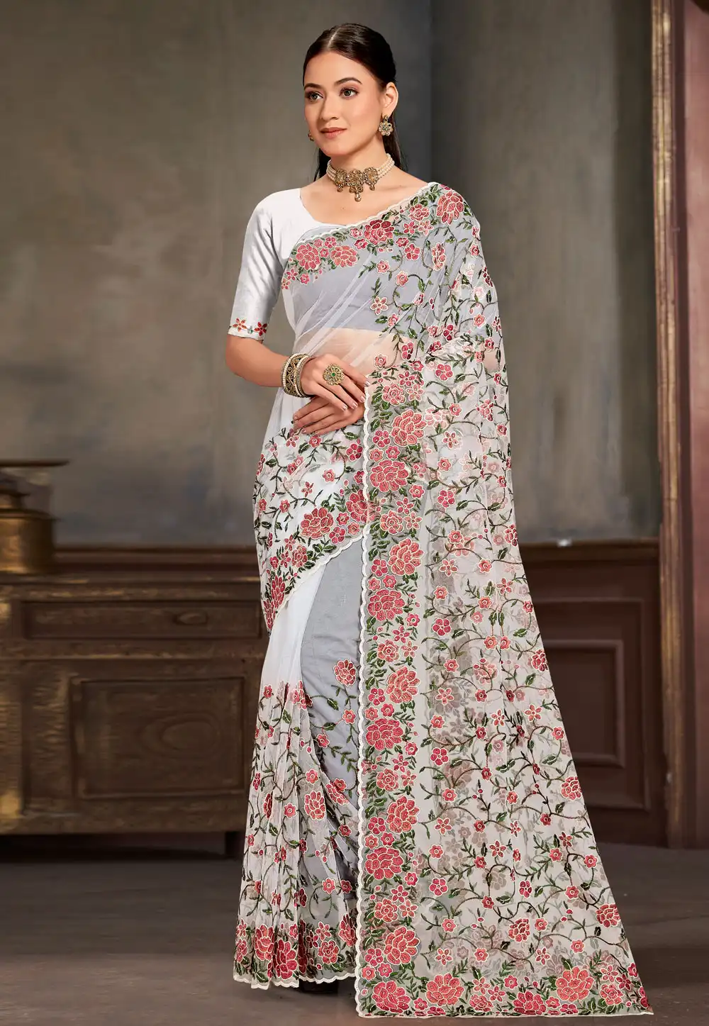 White Net Saree With Blouse 306759