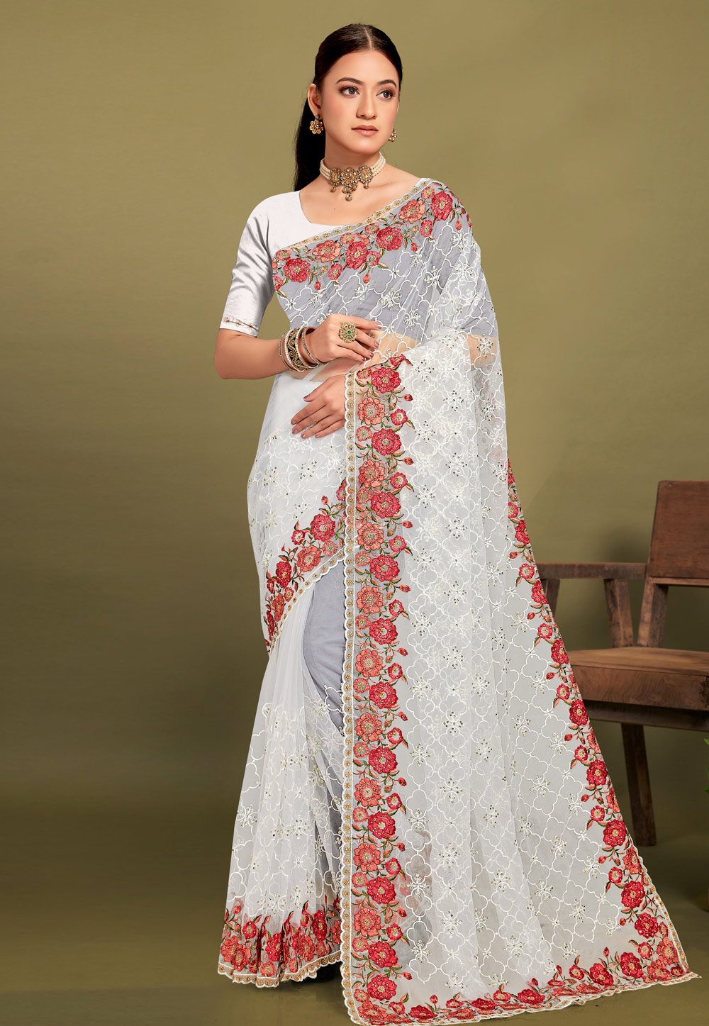 White Net Saree With Blouse 306753