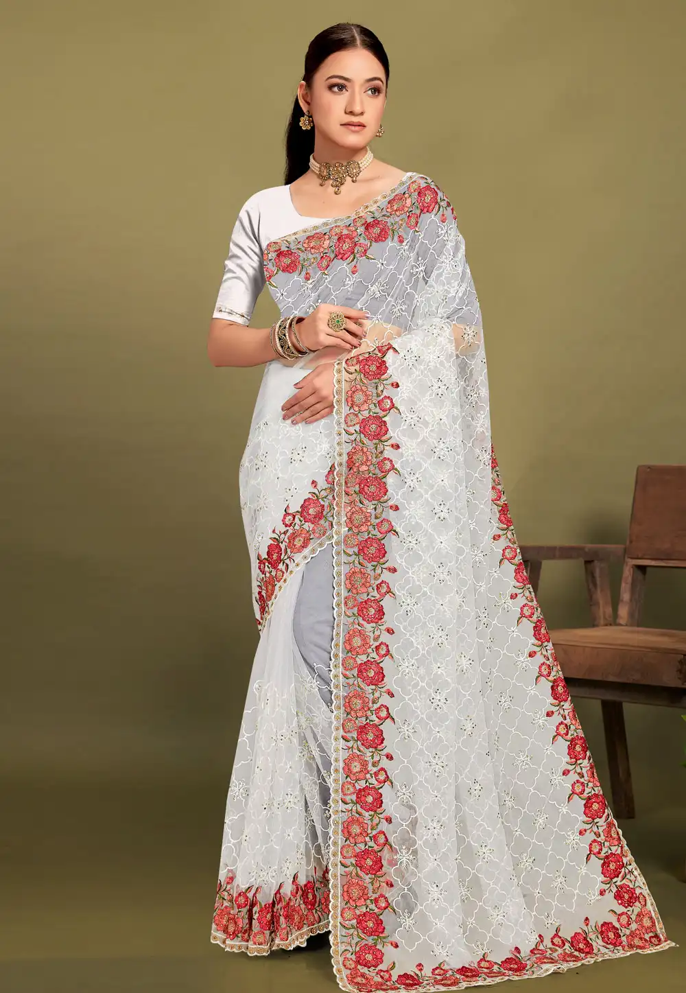 White Net Saree With Blouse 306753