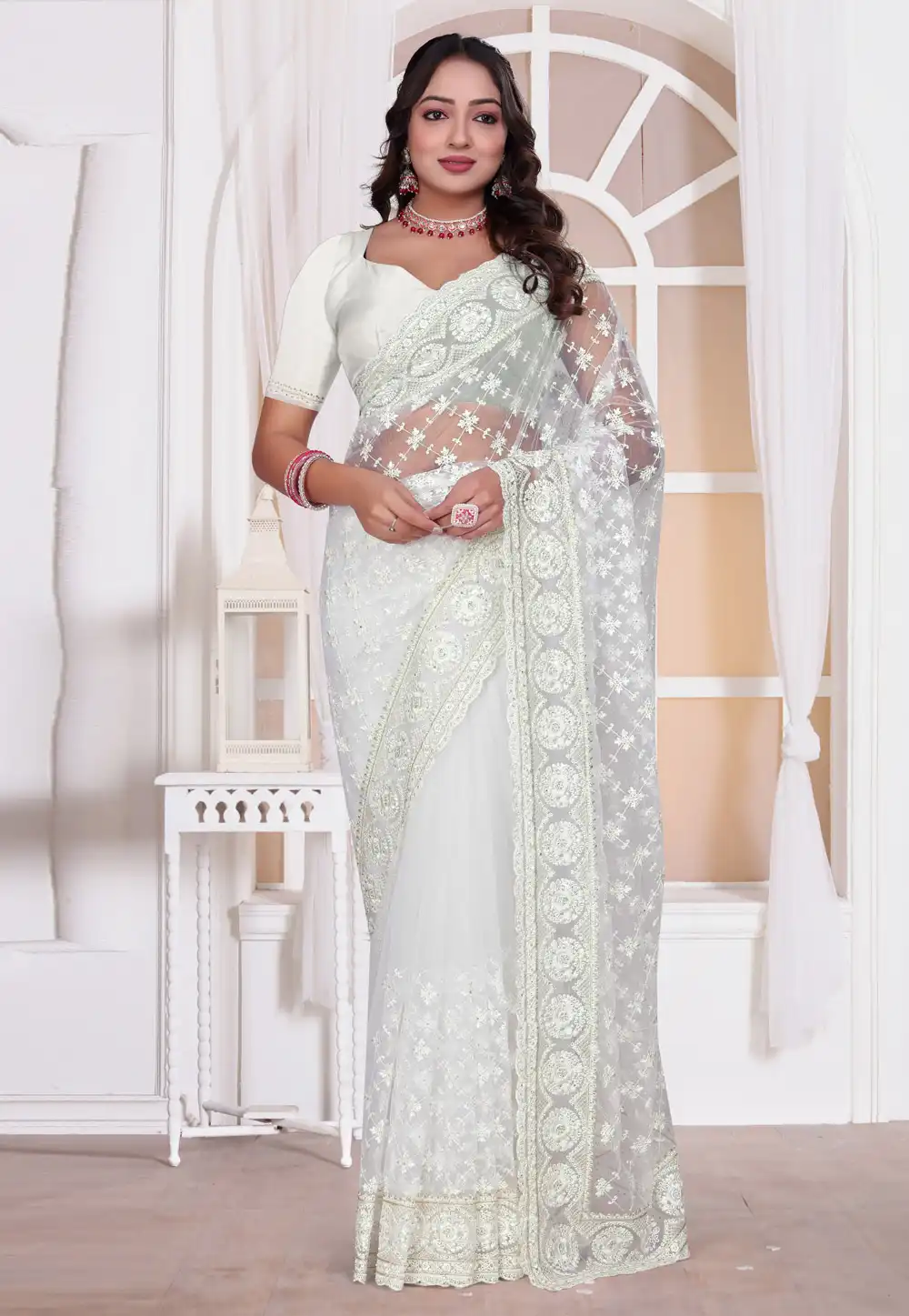 White Net Saree With Blouse 314636