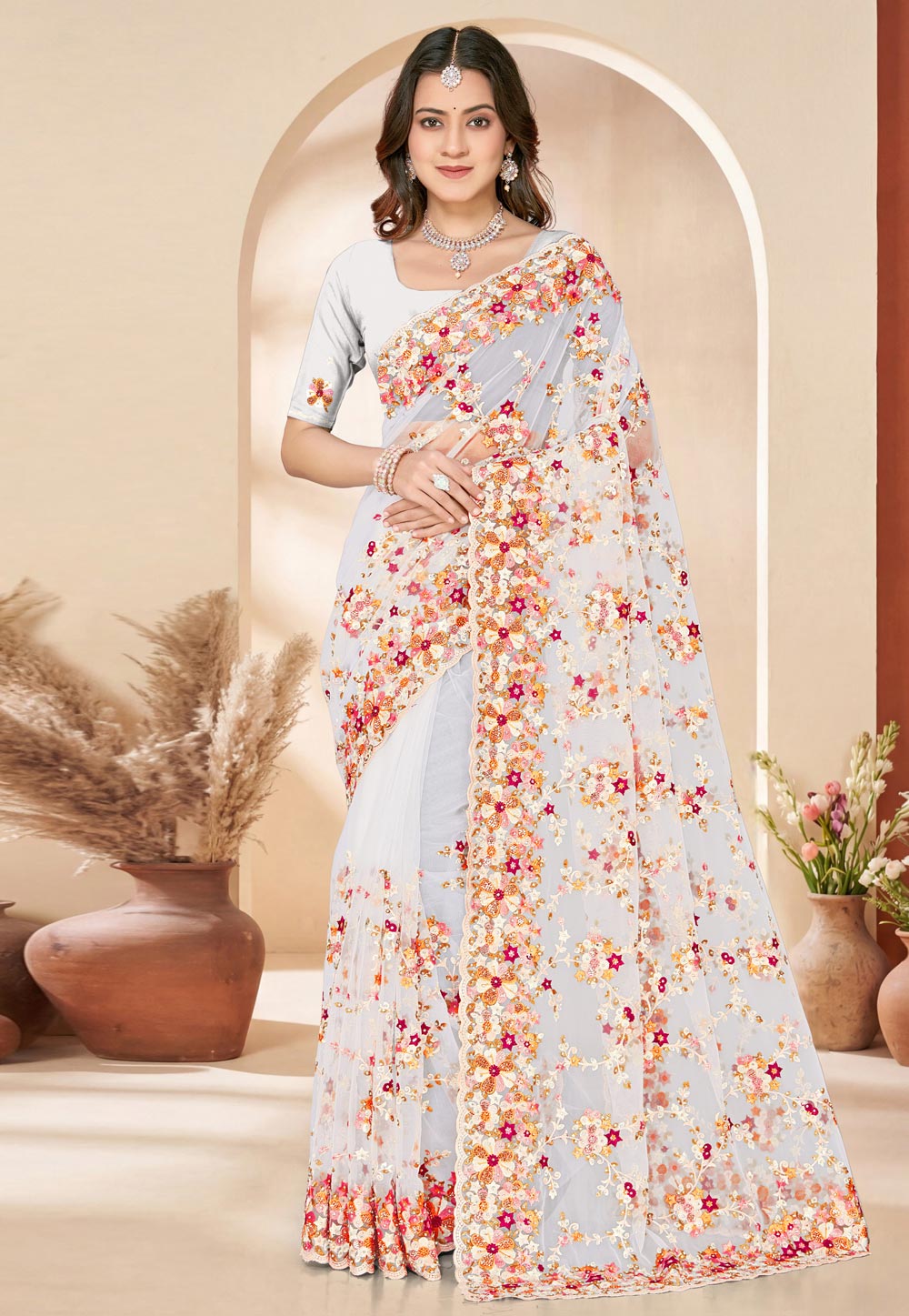 White Net Saree With Blouse 324911