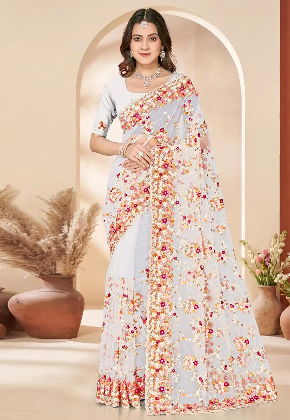 White Net Saree With Blouse 324911