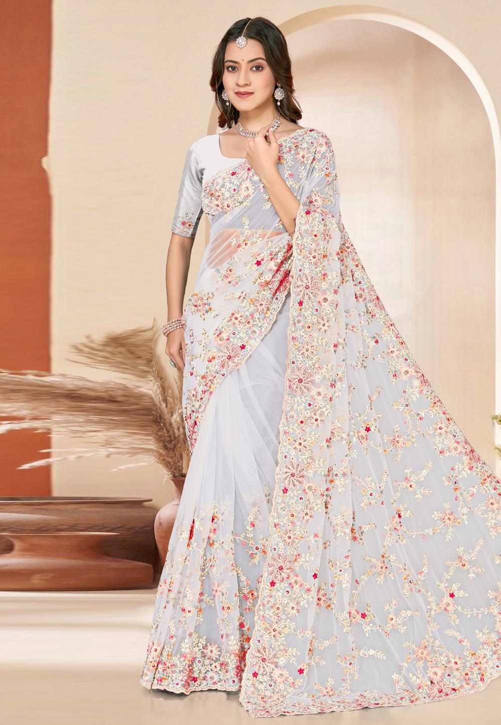 White Net Saree With Blouse 325409
