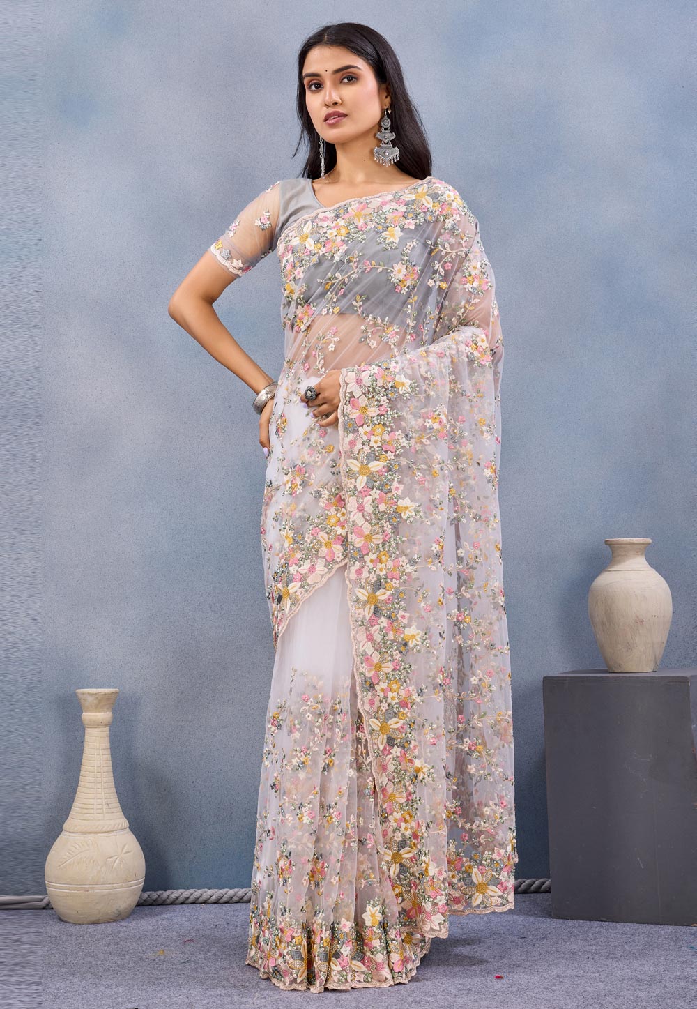 White Net Saree With Blouse 327630
