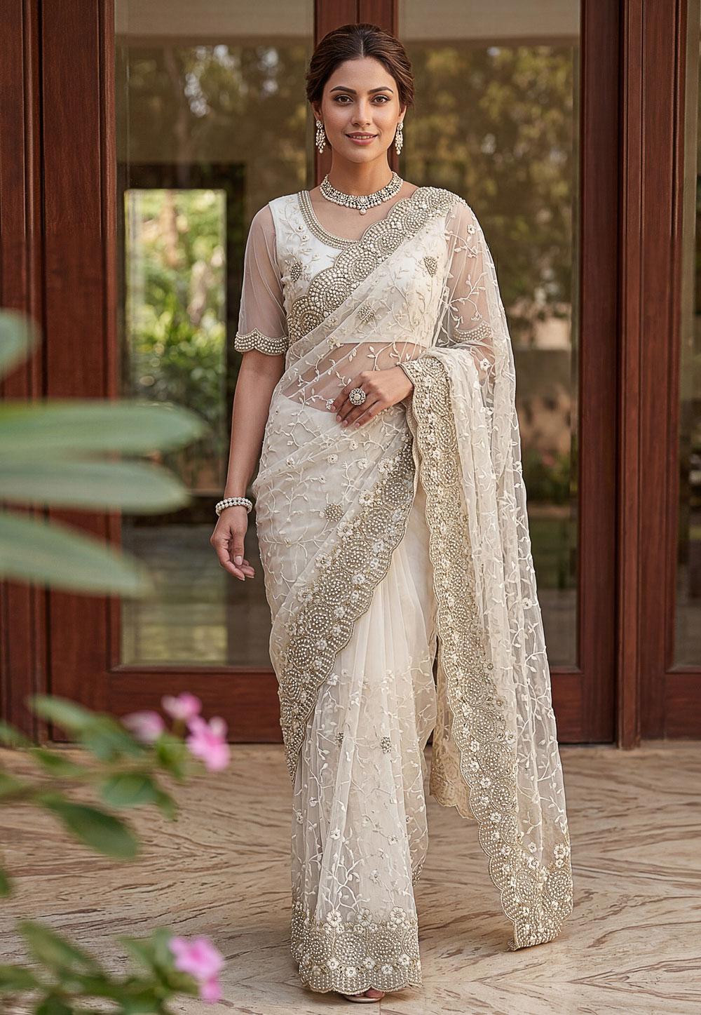 White Net Saree With Blouse 328065
