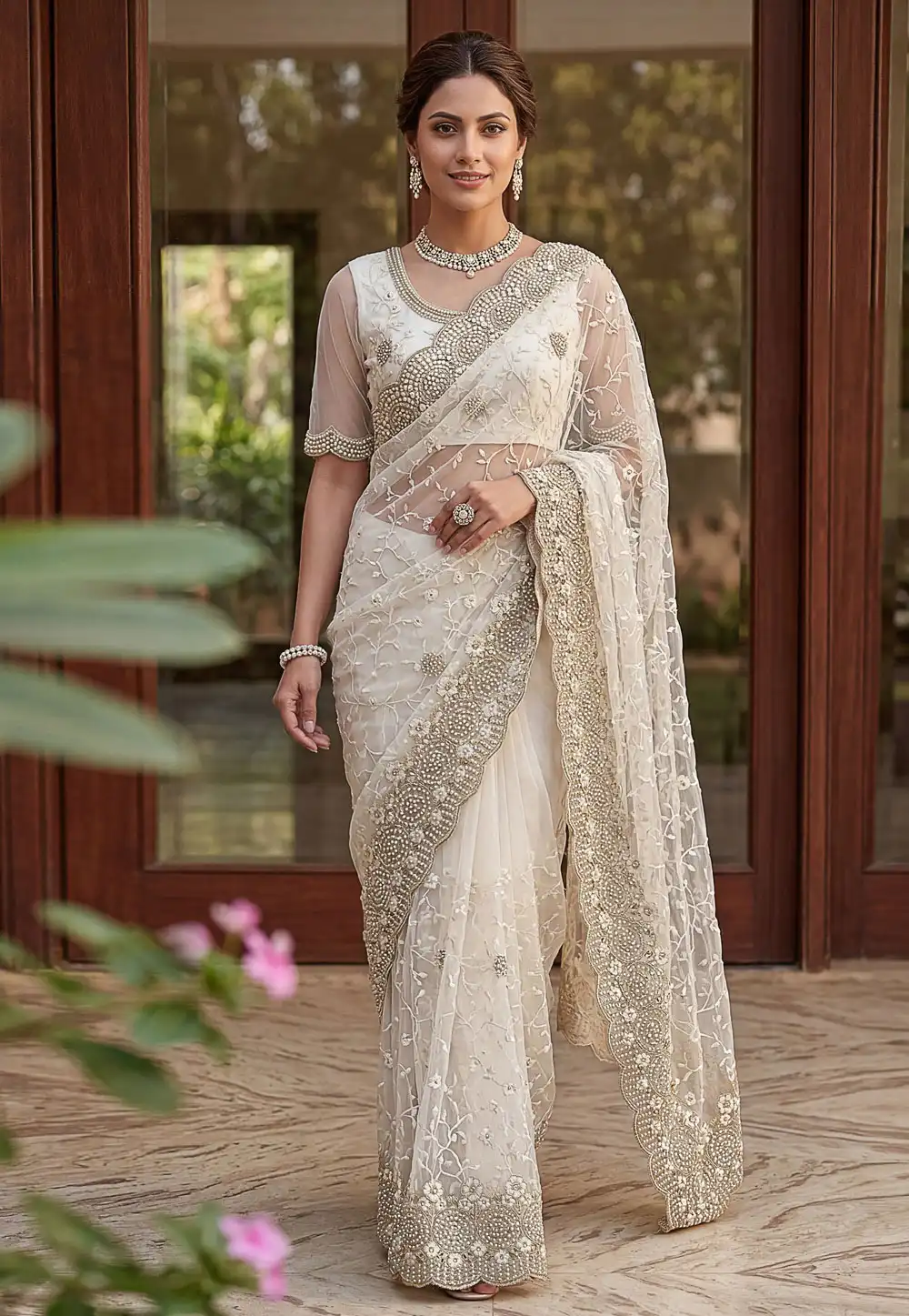 White Net Saree With Blouse 328065