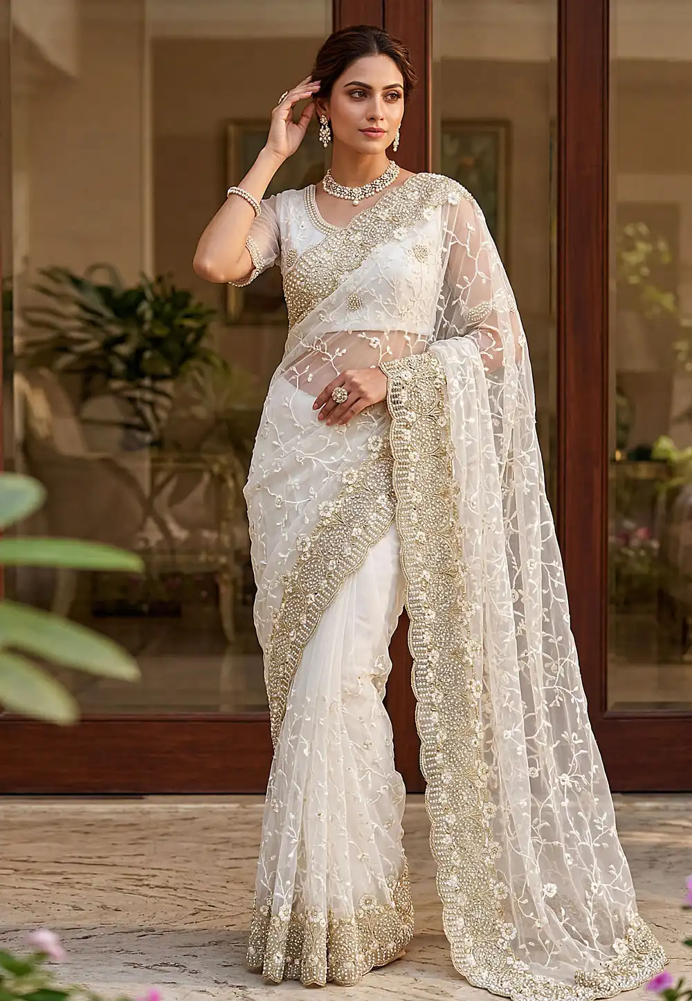 White Net Saree With Blouse 330565