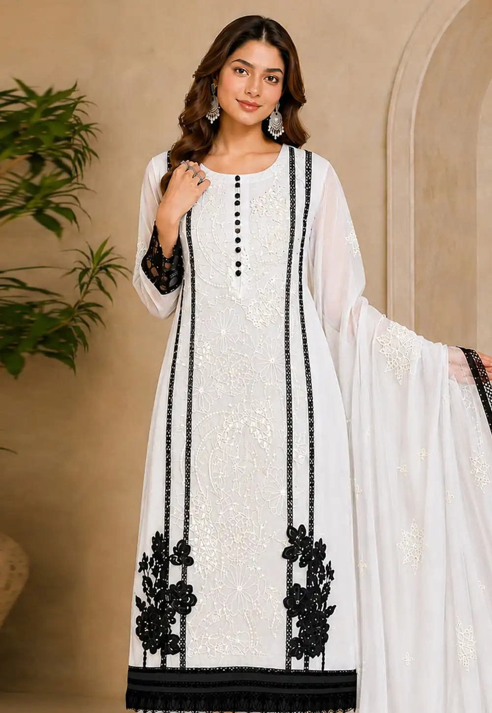 white organza dress pakistani The "White Dove" organza set from the brand Lavish Premium. Product Details: This ensemble is a formal Pakistani wedding dress featuring a long, flowing silhouette. It is part of a luxury