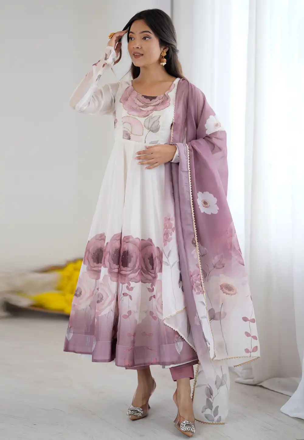 White Organza Readymade Anarkali Suit 316031