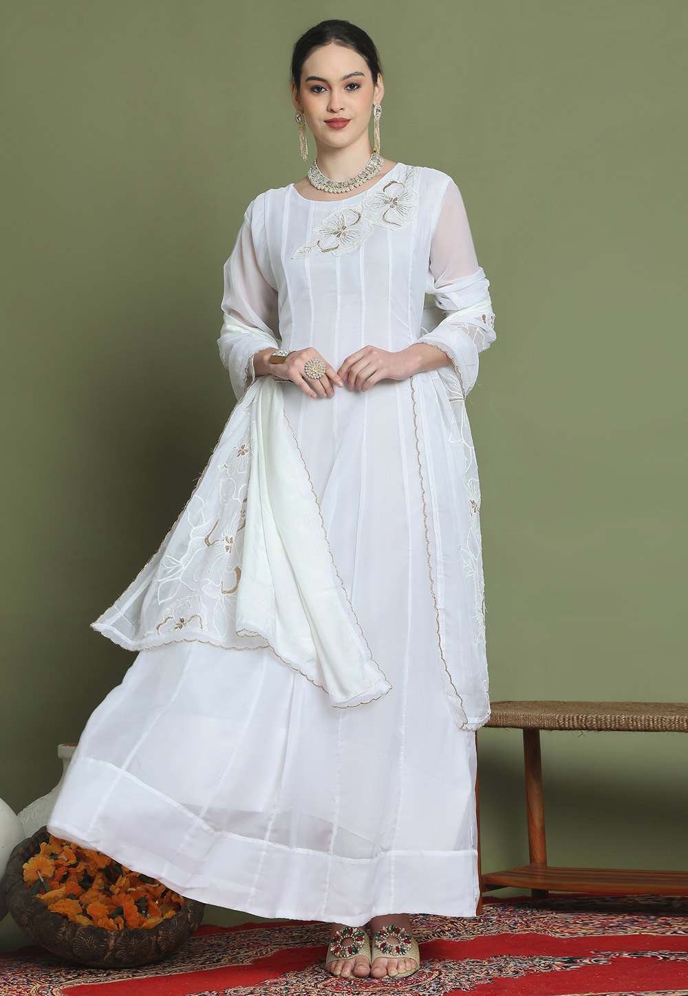 White Organza Readymade Long Anarkali Suit 312043