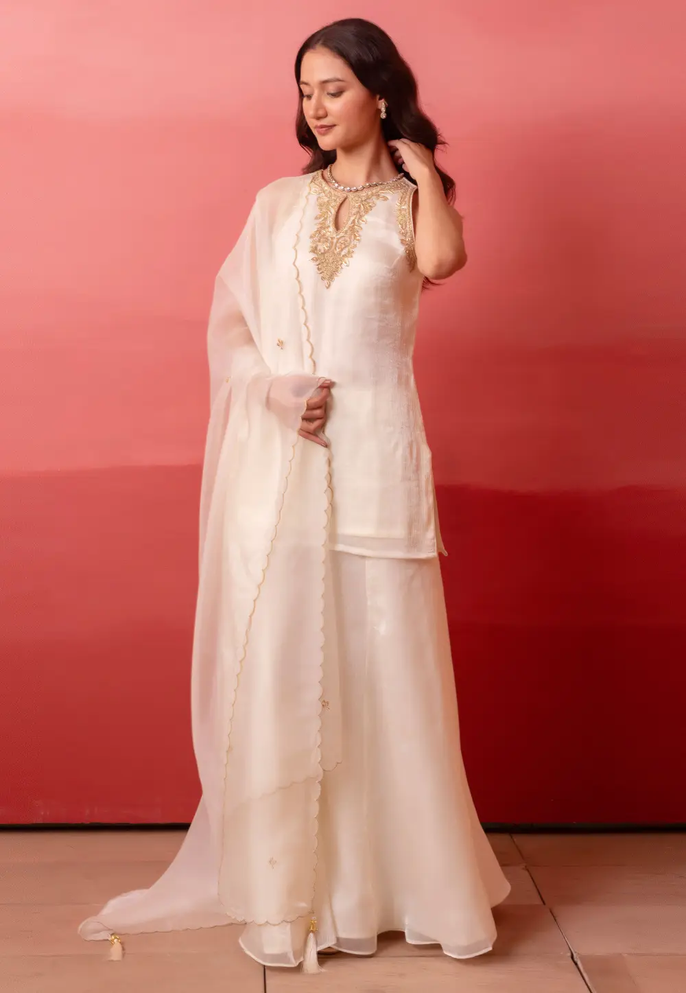 White Organza Readymade Palazzo Suit 332482